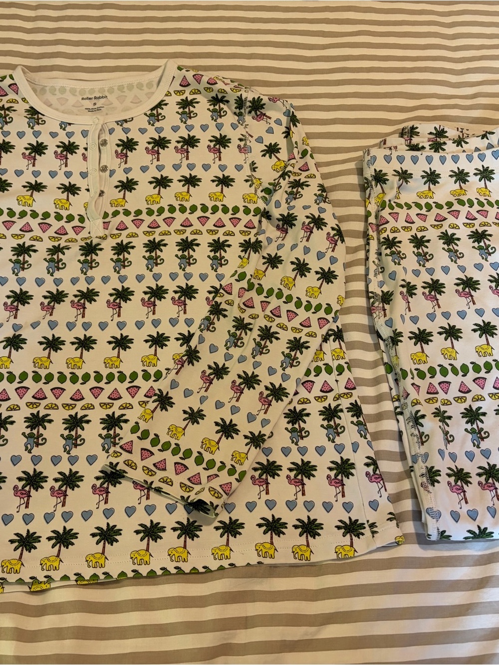 Roller Rabbit White Pajama Set with Pink, Yellow & Green Prints